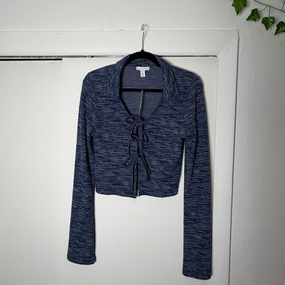 Topshop Tall Blue Space Dye Lace Up Front Long Sleeve Crop Top Womens Medium NWT